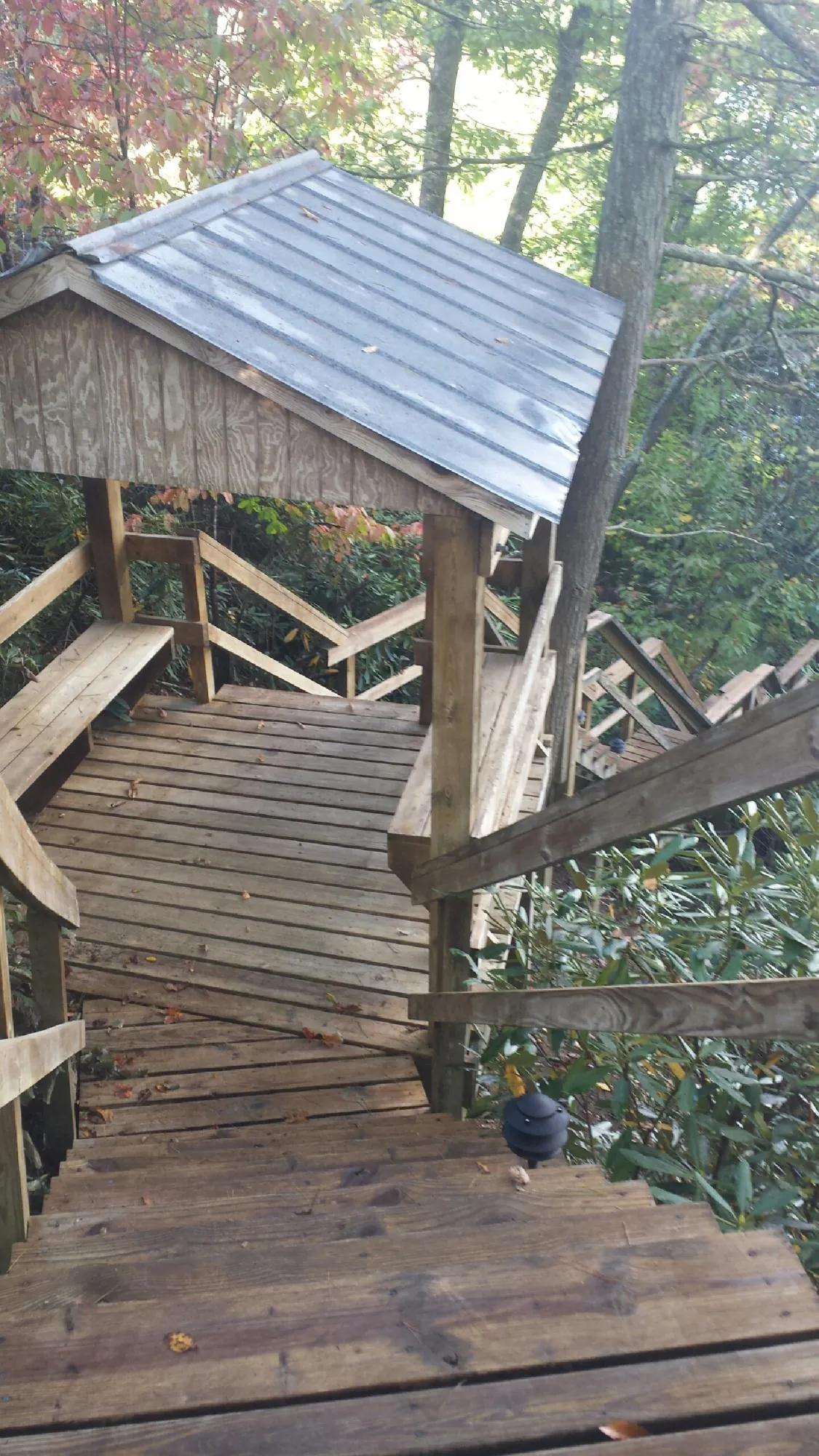 Metal roofed shelter over wooden steps on a wooded walkway — Skylight Repair & Installation work by our crew in Colt